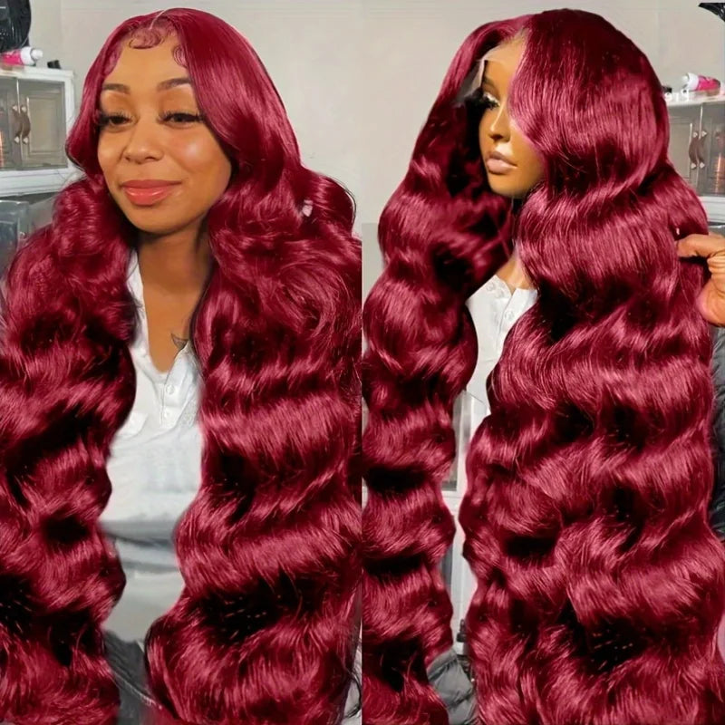 99J Burgundy Body Wave Lace Front Wig- 13x6 Human Hair Wig, 250% Density