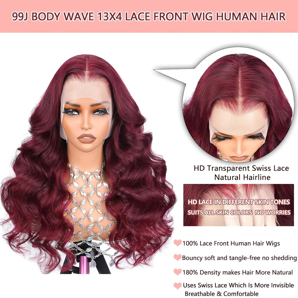 99J Burgundy Body Wave Lace Front Wig- 13x6 Human Hair Wig, 250% Density