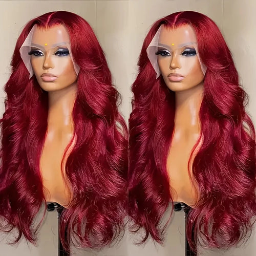 99J Burgundy Body Wave Lace Front Wig- 13x6 Human Hair Wig, 250% Density