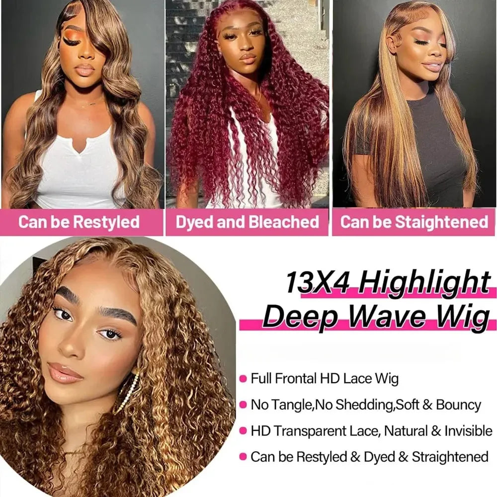 Highlight Curly Lace Front Wig – 13x4 Human Hair Deep Wave