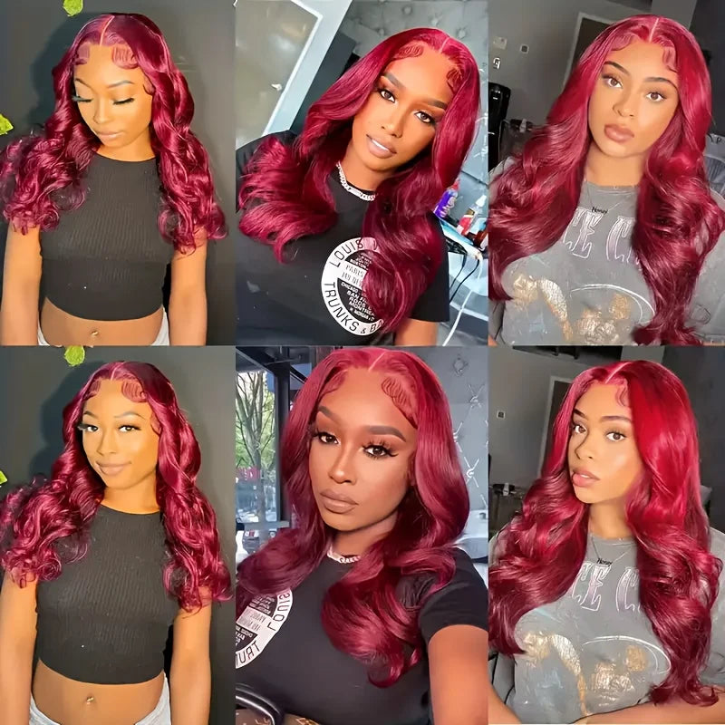 99J Burgundy Body Wave Lace Front Wig- 13x6 Human Hair Wig, 250% Density