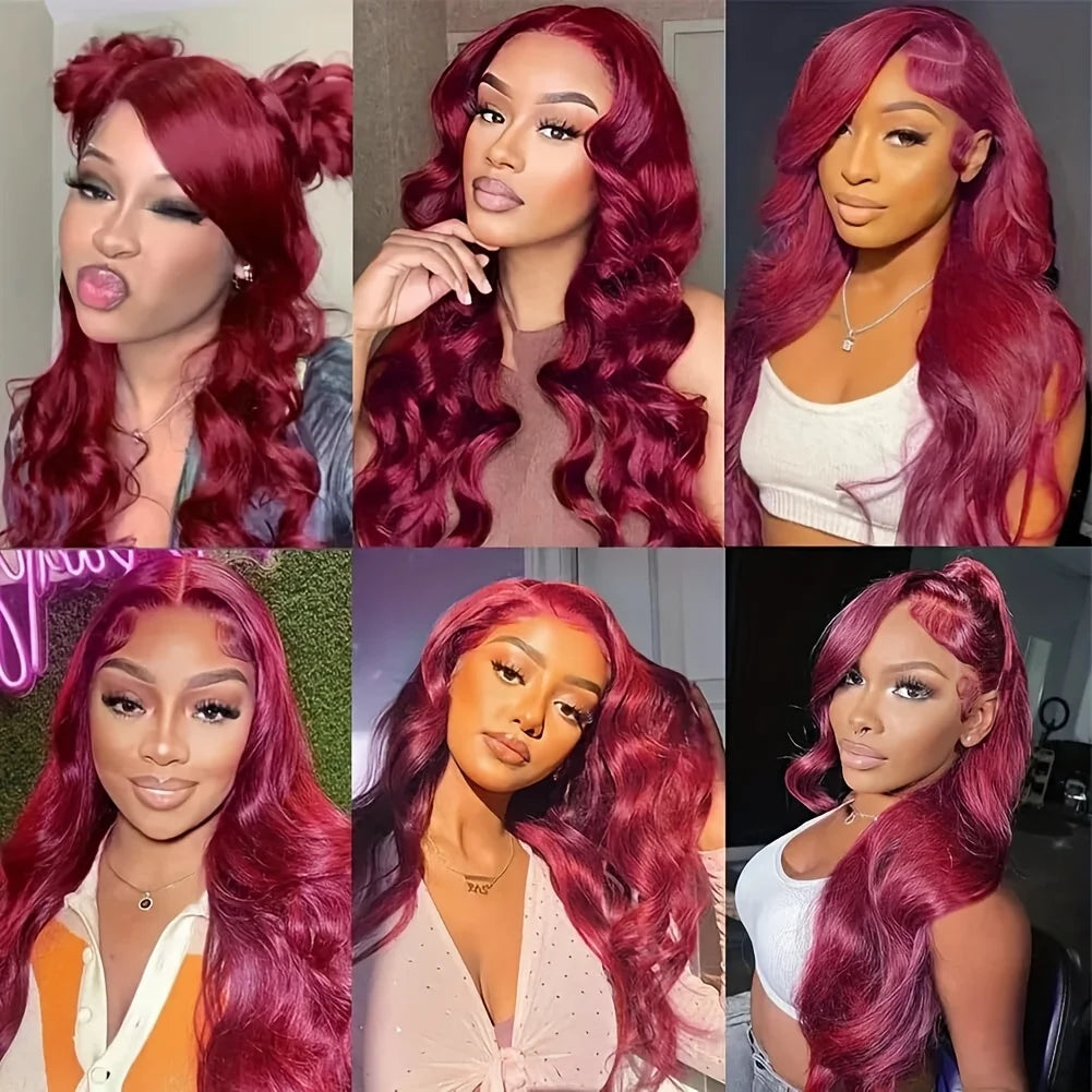 99J Burgundy Body Wave Lace Front Wig- 13x6 Human Hair Wig, 250% Density